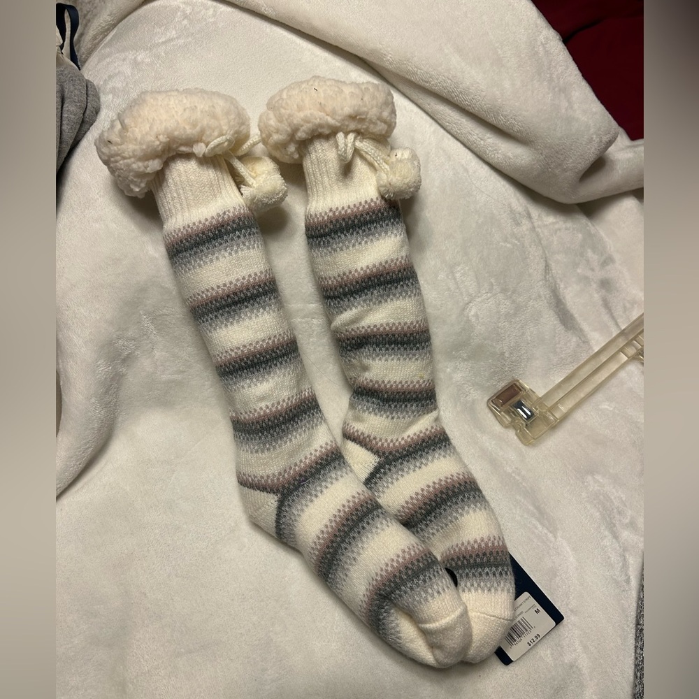 Magellan Cozy Striped Knit Socks with Pom Poms